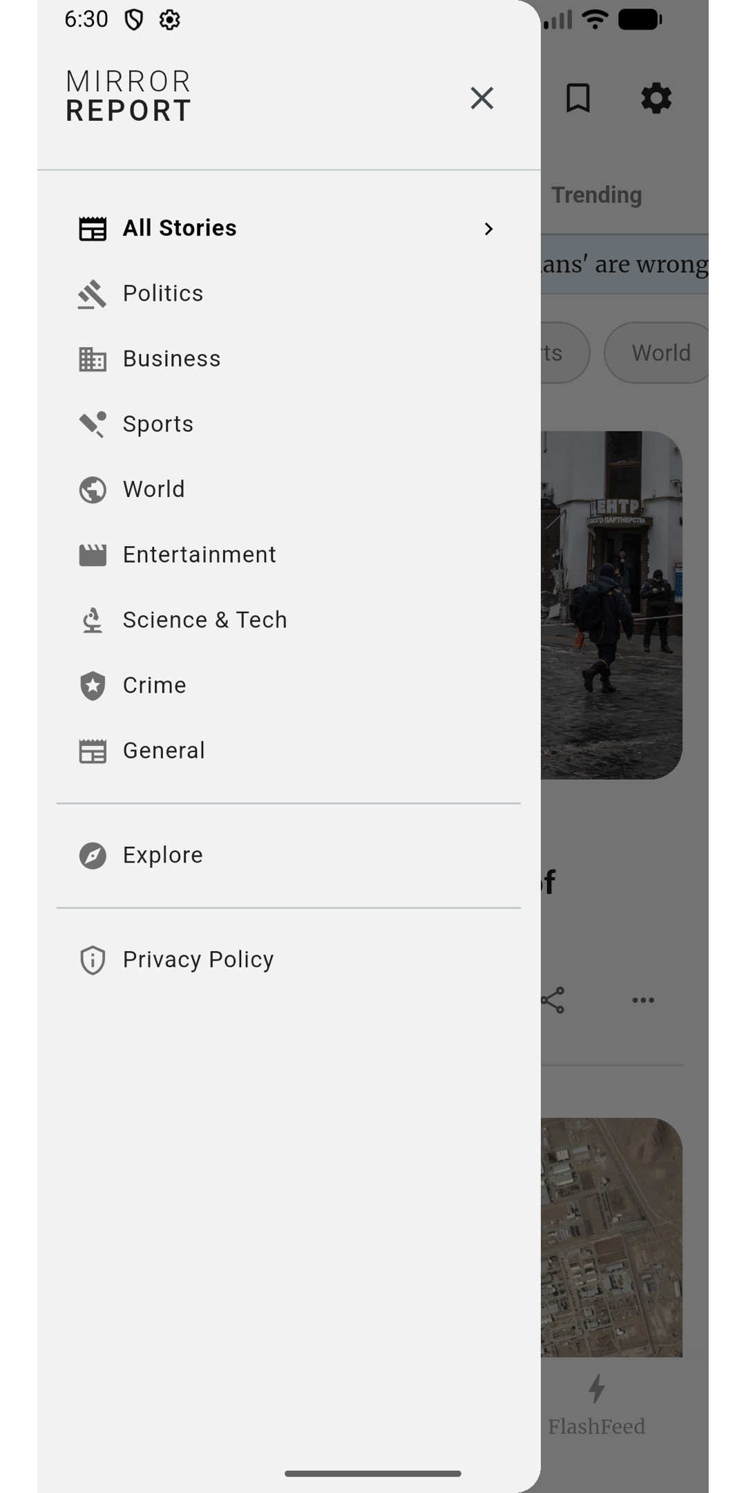 Mirror Report app - Navigation Menu