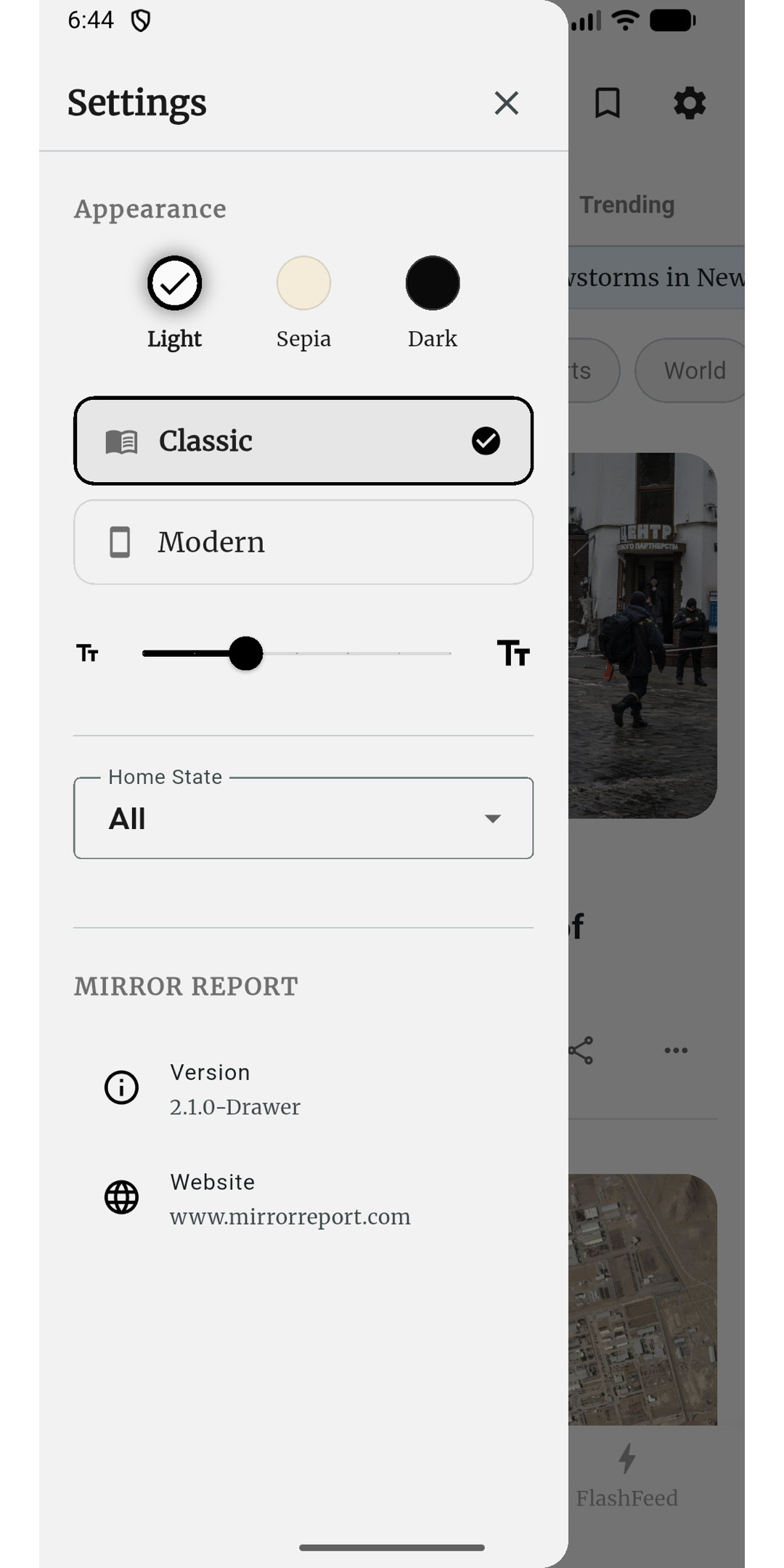 Mirror Report app - Settings